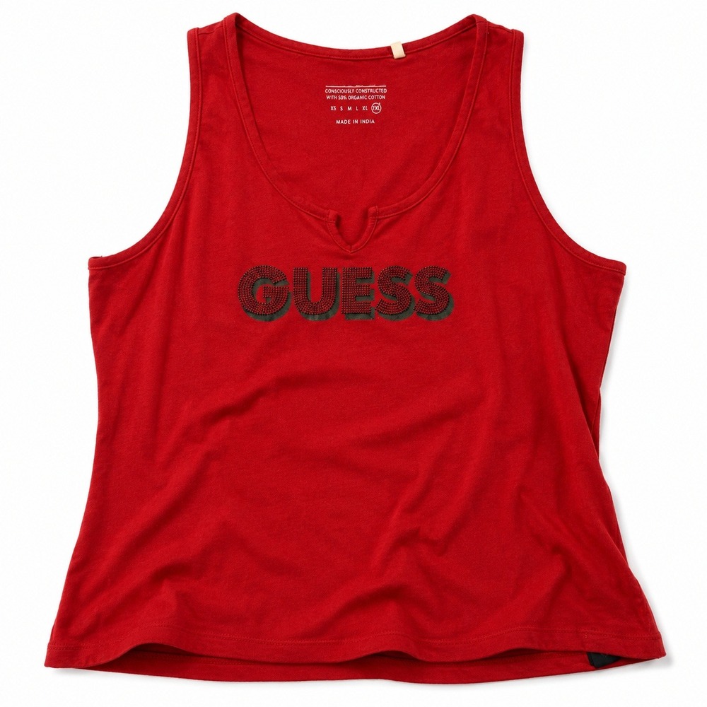 Guess Rhinestone Logo Tank Top Red Sleeveless Stretch Cotton Women's XXL